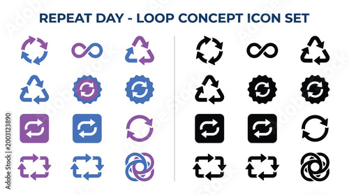 Collection of loop and repeat concept icons in purple and blue, and black and white versions, illustrating cycles and repetition.