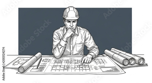 Man Wearing Hard Hat and Blueprints.