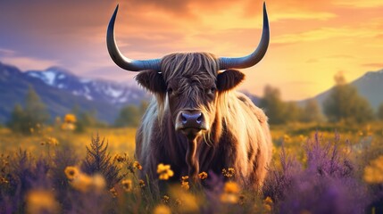 Tableau sur aluminium  Majestic highland cow standing in field of blooming flowers during sunset.  © MDASHIR