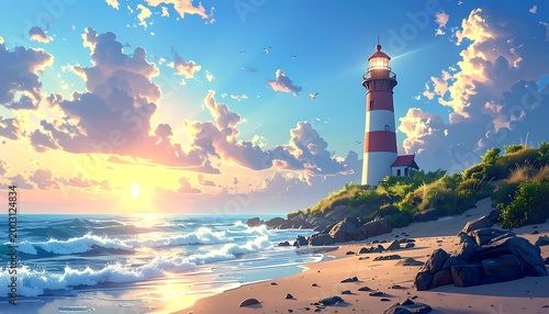 Serene seascape of a bright lighthouse on a coastal shore under a sunlit, cloudy sky, with gentle waves