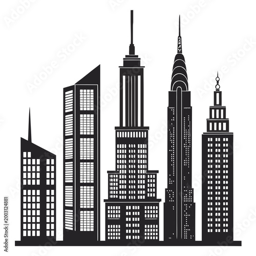 modular skyscraper silhouette elements with separate high rise buildings and office towers for custom city design