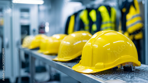 A row of yellow construction helmets on a table in a locker room or staff room, with reflective safety vests hanging on a blurred background, representing the concept of occupational health.