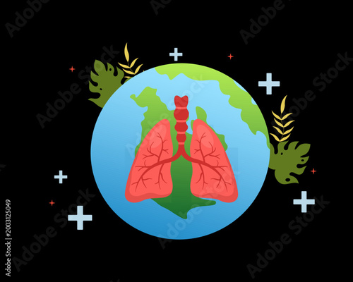 World Asthma Day concept with lungs over earth globe, tropical leaves and medical cross icons on dark background, respiratory awareness vector