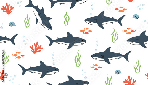 Vector illustration of cartoon sharks with fish coral and seaweed in playful underwater decorative design