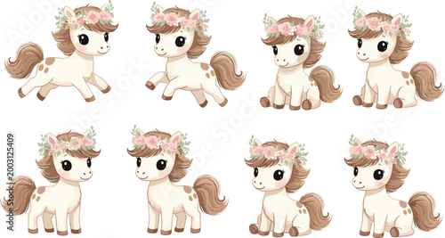 Vector illustration of cute baby ponies with floral crowns in playful decorative design
