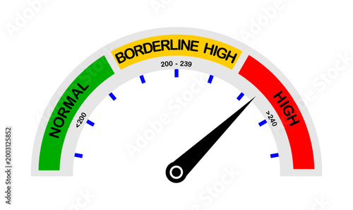 Vector illustration of total cholesterol levels in the form of a gay-style semicircular scale on a white background.