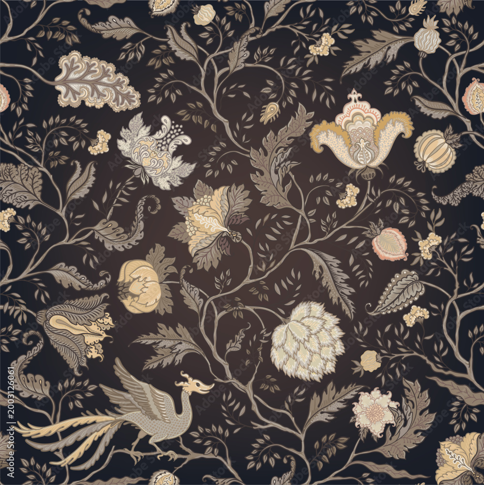 Naklejka premium Chintz inspired Floral vintage seamless pattern in Jacobean style for retro wallpapers. Enchanted Vintage Flowers. Design for wrapping paper, wallpaper, fabrics and fashion clothes.