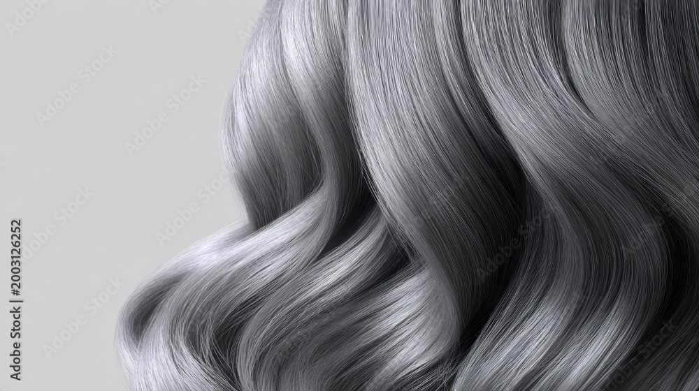 Naklejka premium Silky silver hair cascades in soft waves, reflecting light beautifully. The sleek texture adds an air of elegance and sophistication, captivating the eye with its shine and allure