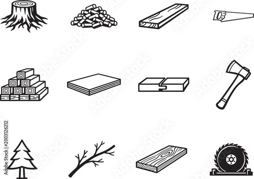 Lumber and forestry line icon set with sawmill, timber, wood signs, thin outline vector editable.