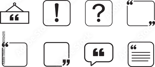 Linear icon set for text formatting, quotes, frames, blocks, marks, minimalist UI vector elements.