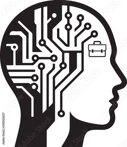 Silhouette of human head with internal circuit board and briefcase symbolizing artificial intelligence and business