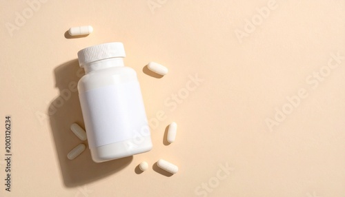 Sleek plain medicine bottle with scattered white pills on a clean beige background, symbolizing health, wellness, and pharmaceutical products for daily intake