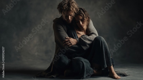 This depicts a couple embracing in a moment of despair and emotional support. The man and woman are sitting on the floor, holding each other closely, conveying feelings of sadness, grief.