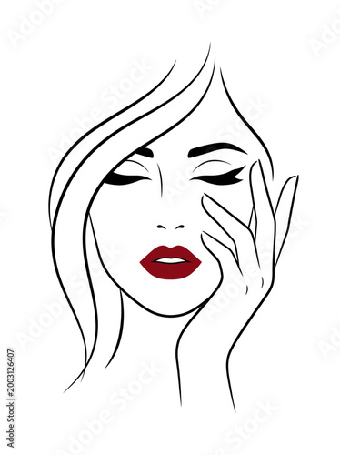Minimal Female Face Line Art, Beauty Vector Illustration, Red Lips Fashion Flat Design