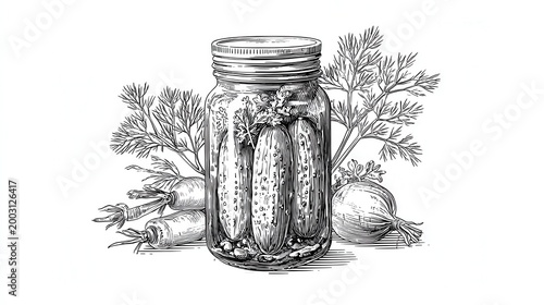 Pickled cucumbers in glass jar engraving sketch detailed preserved food illustration with herbs