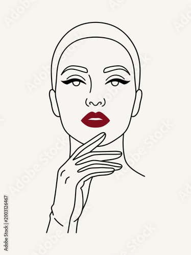 Minimal Female Face Line Art, Beauty Vector Illustration, Red Lips Fashion Flat Design