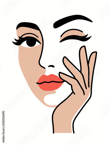 Minimal Female Face Line Art, Beauty Vector Illustration, Red Lips Fashion Flat Design