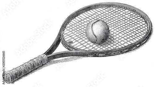 Tennis racket with ball engraving sketch vintage sports equipment illustration with detailed texture