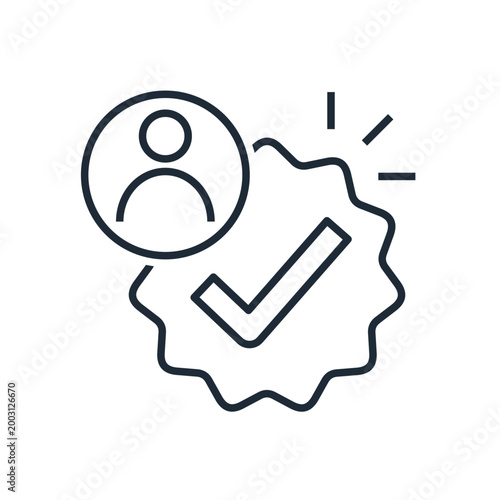 A person's avatar marked with a seal and a check mark. Personal verification or user verification. Vector linear icon illustration isolated on white background.