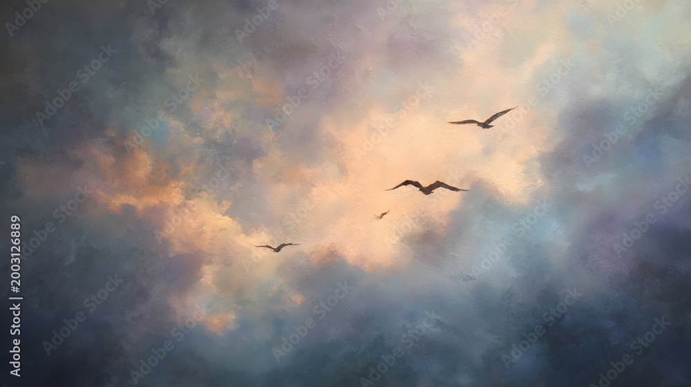Fototapeta premium Birds soar gracefully through a dramatic and painterly sky filled with soft clouds.