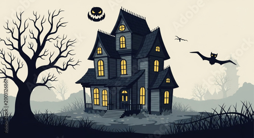 Fotografia Spooky Haunted House with Bats and Full Moon.