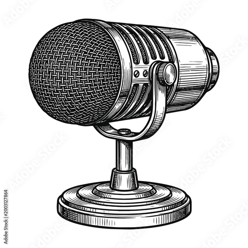 Vintage microphone on stand, classic music equipment, professional recording device
