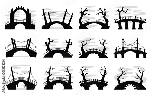Eerie collection of twelve abandoned bridges in silhouette form showcasing hauntingly atmospheric scenes with barren trees and moody skies for horror themed projects or dark