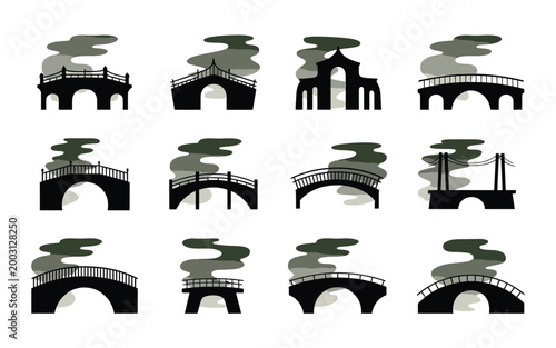 Twelve minimalist bridge silhouettes with soft cloud reflections in muted tones for artistic vector designs and modern graphic projects