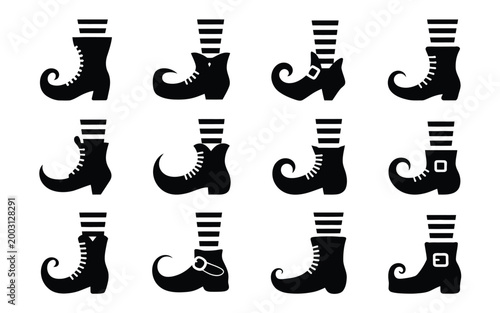 Twelve stylish minimalist black silhouettes of footwear showcase diverse designs with clean outlines and subtle details for modern fashion branding and editorial layouts