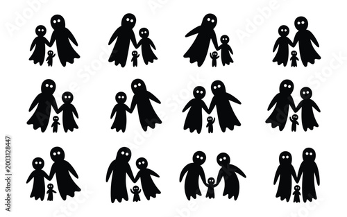 Black silhouette vector illustration of diverse family groups embracing with children holding hands in a minimalist flat design style for modern branding and social media graphics