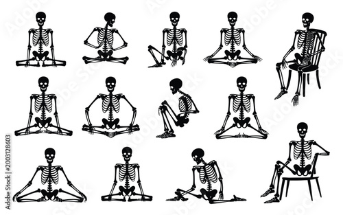 Detailed clean vector silhouette collection showcasing diverse human postures in meditation yoga and relaxation poses with skeletal overlay for anatomical clarity