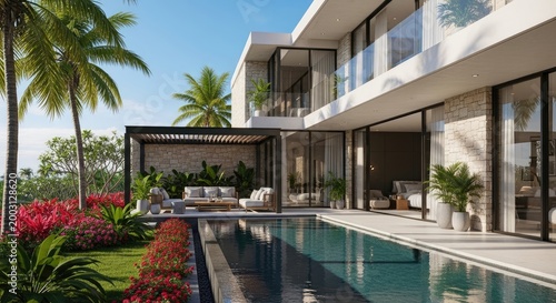 A modern, two-story house with large windows and a flat roof. The house is surrounded by a well-manicured lawn and has a swimming pool in the backyard.