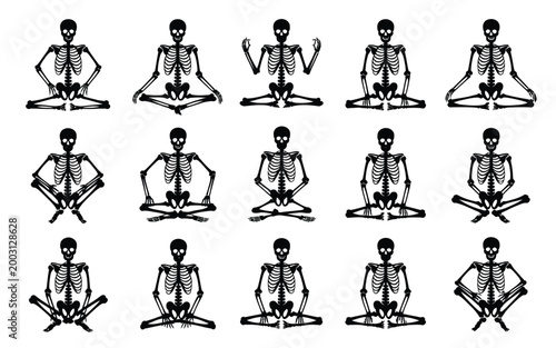 Diverse human skeleton silhouettes demonstrating various seated meditation and cross legged yoga poses in clean vector illustration style