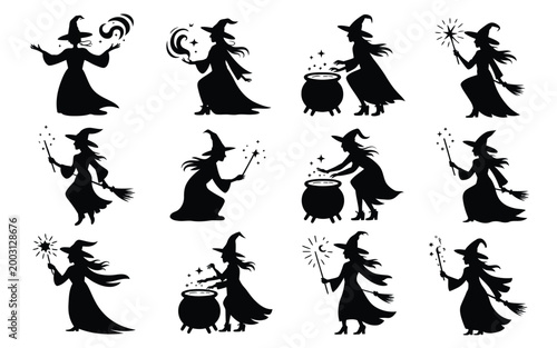 Ethereal witch silhouette collection showcasing mystical magic spells potions and enchantments in dynamic black vector art for fantasy themed projects