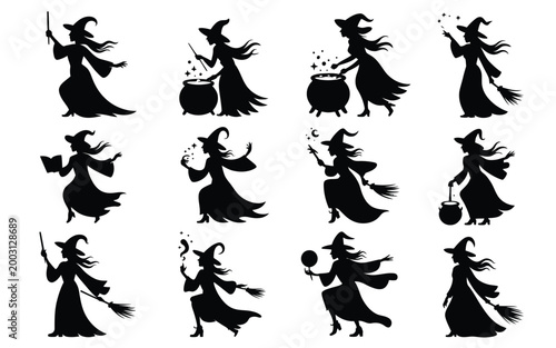 Ethereal witch silhouette collection with mystical gestures and spellcasting poses in dark outline against clean white background for fantasy art and magical storytelling