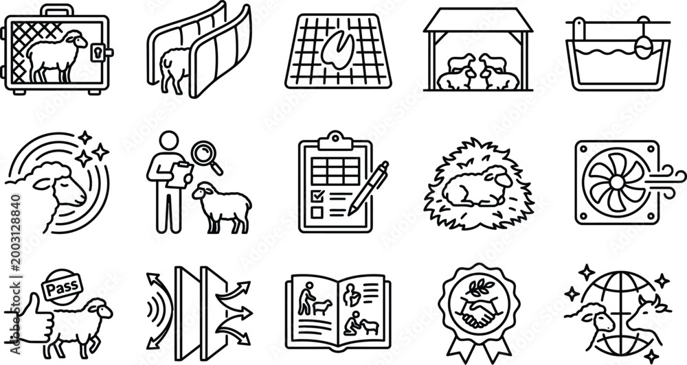 Fototapeta premium Eid ul Adha Livestock Management Line Icons – Sheep Handling, Halal Compliance, Farm System, Qurbani Preparation Vector Set