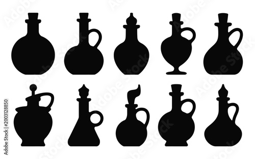 Elegant black silhouette collection of twelve distinct antique style ceramic vessels with varied spouts and handles for artistic branding or vintage inspired design projects