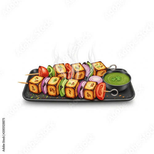 Smoky paneer tikka platter top view authentic Indian tandoori starter food vector isolated on white