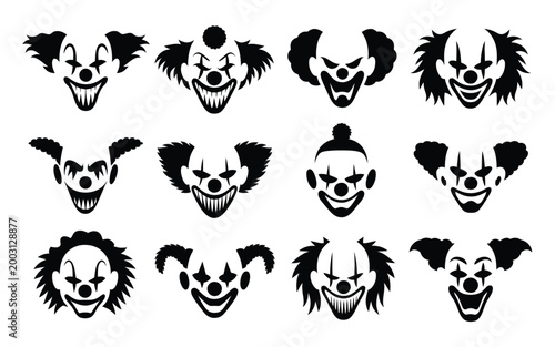 A collection of twelve striking black and white clown face silhouettes with exaggerated expressions evoking horror and unease for dark themed projects or horror media design
