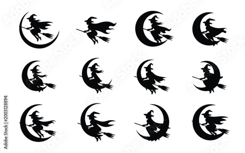 Twelve minimalist witch silhouettes flying on broomsticks against crescent moon backgrounds for halloween or fantasy themed designs and illustrations
