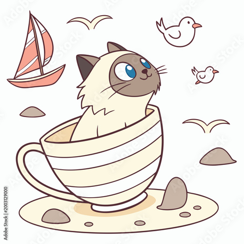 Happy Birman with in a teacup, set in a charming Beach day theme – Ocean Breeze color vector art
