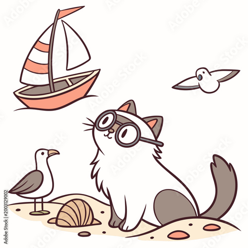 Whimsical Birman feeling Funny in a Beach day setting with wearing glasses – colored in Ocean Breeze