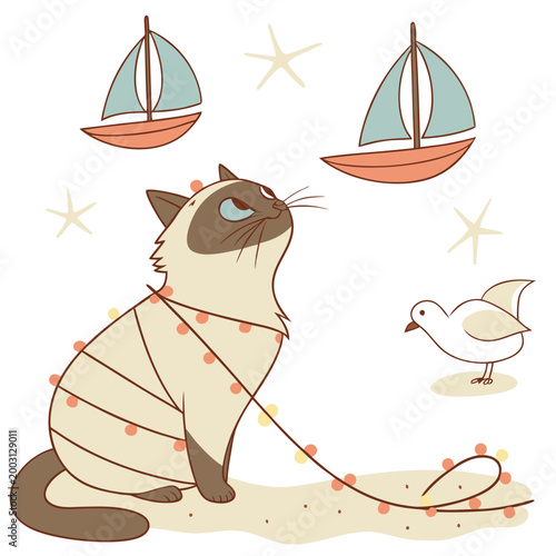 Whimsical Birman feeling Bashful in a Beach day setting with wrapped in fairy lights – colored in Ocean Breeze