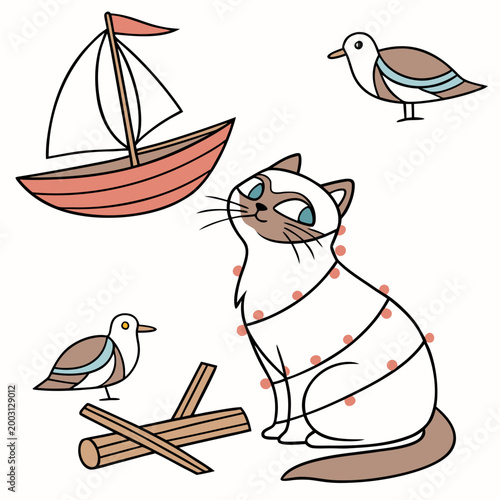 Creative SVG: Mischievous Birman with wrapped in fairy lights in a Ocean Breeze colored Beach day theme