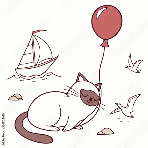 Whimsical Birman feeling Sleepy in a Beach day setting with with a balloon – colored in Ocean Breeze