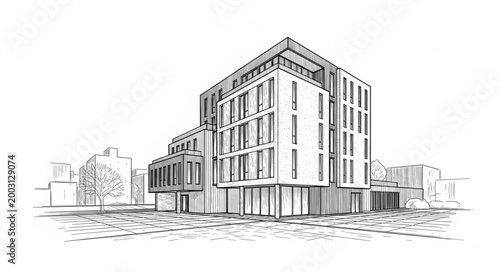 Modern Building Architectural Sketch Drawing.