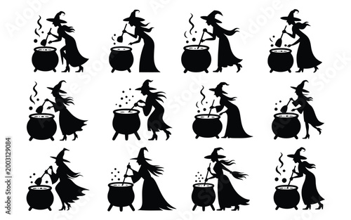 A collection of twelve witch silhouettes stirring magical potions in cauldrons with mystical steam and glowing ingredients for fantasy illustrations and halloween designs