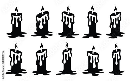 Elegant black silhouette candles collection with dripping wax texture arranged in a grid pattern for memorial events or gothic design projects