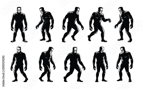 Dynamic black silhouette series of twelve humanoid figures transitioning from upright stance to crouched and aggressive postures against a stark white background for motion study