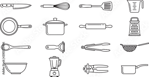 Kitchen Utensils and Appliances Line Icons Set: Cooking Tools and Equipment for Culinary Use